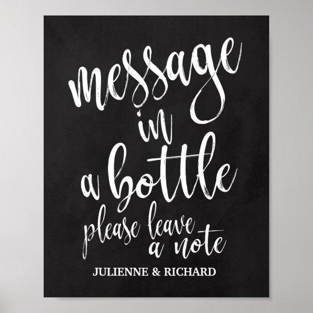 Poster Mensagem em um Bottle 8x10 Chalkboard Wedding Sign (Frente)