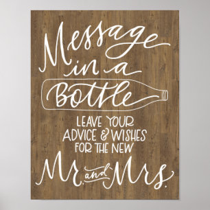 Poster Mensagem em um Bottle Wedding Sign - Madeira