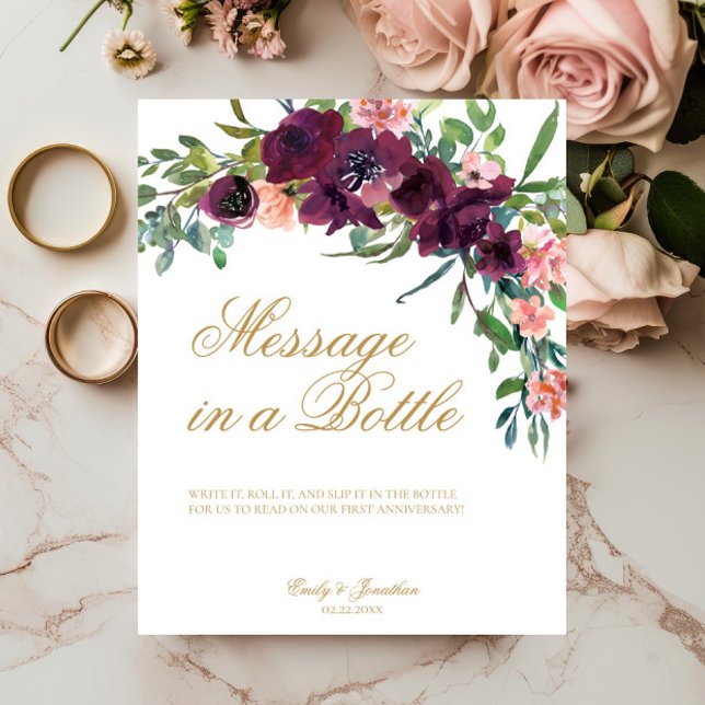 Poster Mensagem Floral Em Um Livro De Convidado De Casame (Message in a Bottle Wedding Sign, Burgundy Blush Pink Florals, Gold Script Calligraphy, Fall Winter )