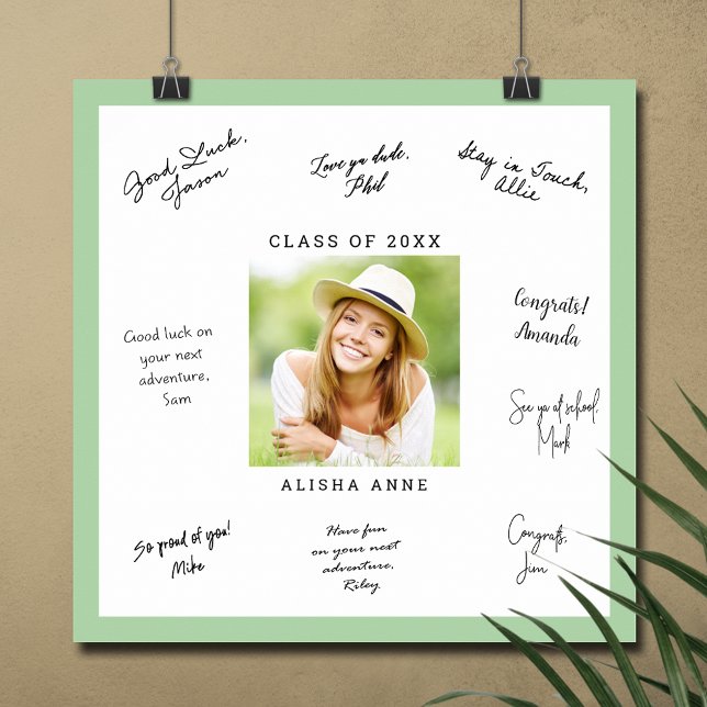 Poster Mensagem PERSONALIZADA de Assinatura de Graduação  (Graduation autograph poster with your photo and light green border, INSTANT DOWNLOAD and/or PRINTED)