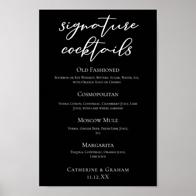Poster Menu Bar de Assinatura de Casamento Negro Chic Coc (Frente)