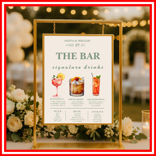 Poster Menu Bar de Assinatura de Casamento Verde Sage Beb