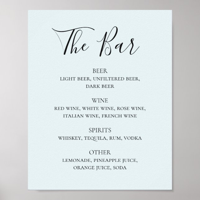Poster Menu bar de bebidas com script de caligrafia azul (Frente)