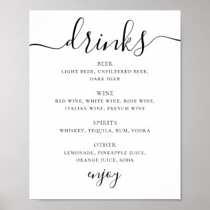 Poster Menu bar de bebidas de casamento com script preto 