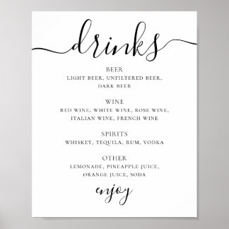 Poster Menu bar de bebidas de casamento com script preto 