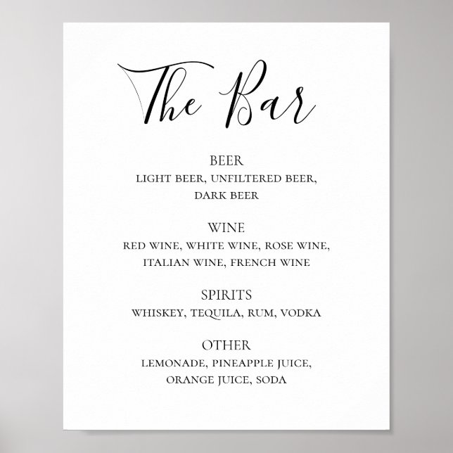 Poster Menu bar de bebidas de casamento com script preto  (Frente)