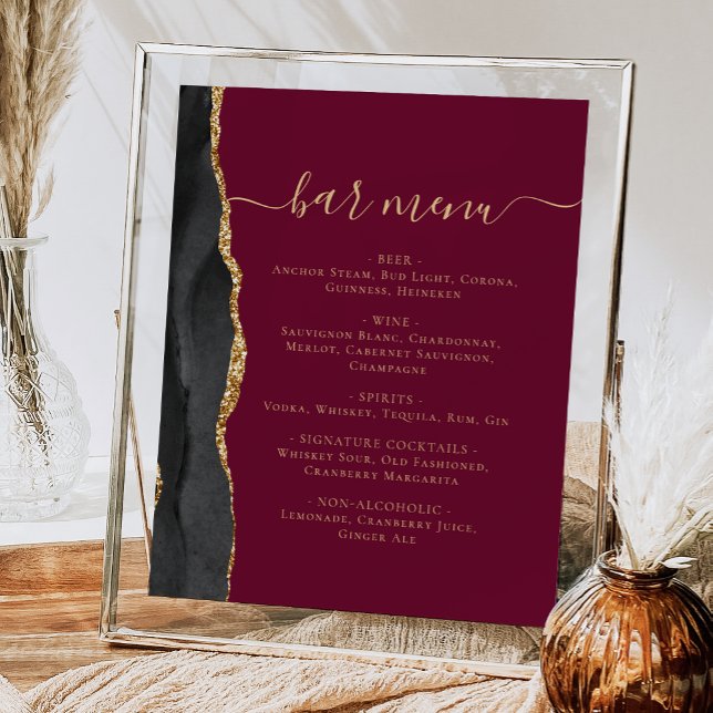 Poster Menu Bar de Casamento Agate Dourado Negro Borgonha (Criador carregado)