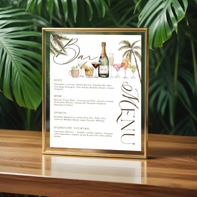 Poster Menu Bar de Casamento de Cocktails de Aquarela Tro (Tropical Watercolor Cocktails Wedding Bar Menu Poster)