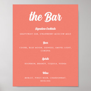 Poster Menu Bar de Casamento de Script Moderno Coral Rosa