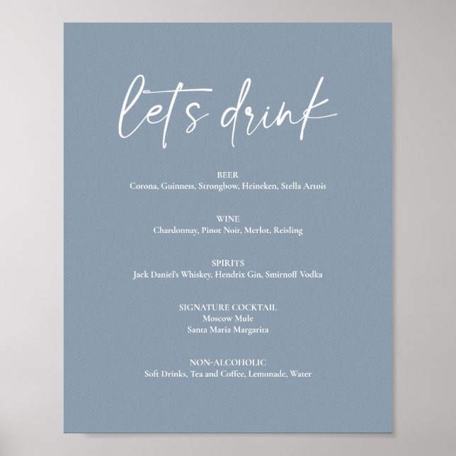 Poster Menu Bar de Drink de Casamento Moderno Azul com Du (Frente)