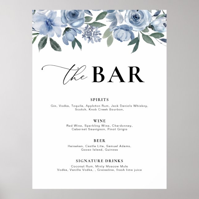 Poster menu bar floral azul empoeirado (Frente)