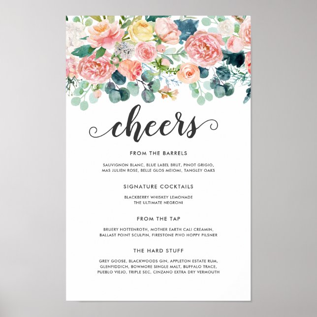 Poster Menu Bar Floral de Casamento Blushing Summer (Frente)