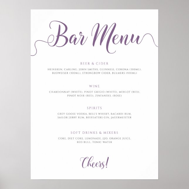Poster Menu Bar Roxo Drinks Personalizados (Frente)