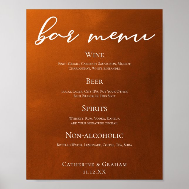 Poster Menu Bar Simples de Casamento de Outono Rustic Bur (Frente)