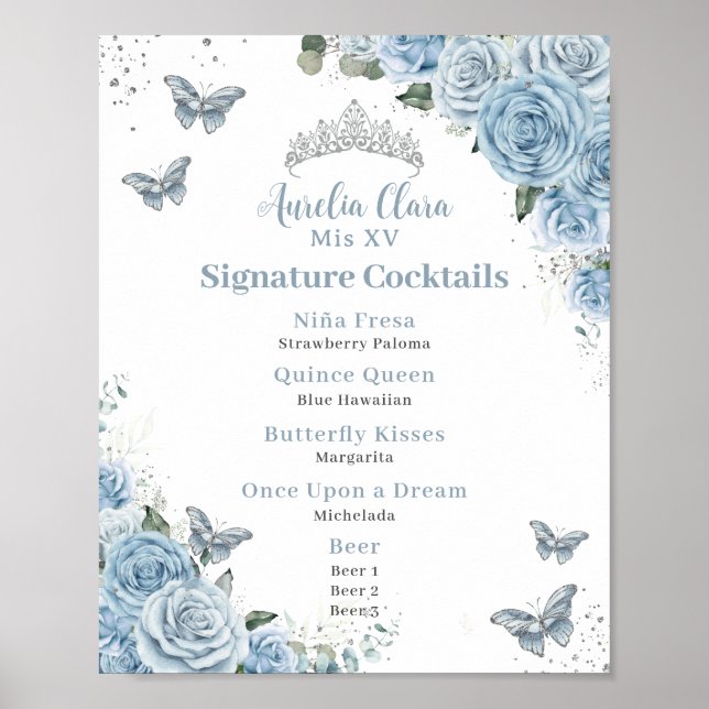 Poster Menu Bebê Blue Floral Silver Quinceanera Bar (Frente)