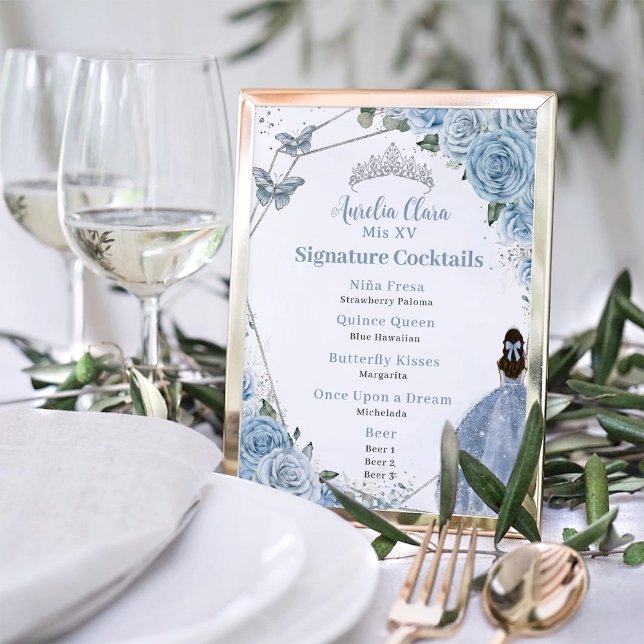 Poster Menu Bebê Blue Floral Silver Quinceañera Beer (Criador carregado)