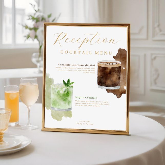Poster Menu Bebida Recepção de casamento Cocktails Waterc (Watercolor Cocktails Wedding Reception Drink Menu Poster)