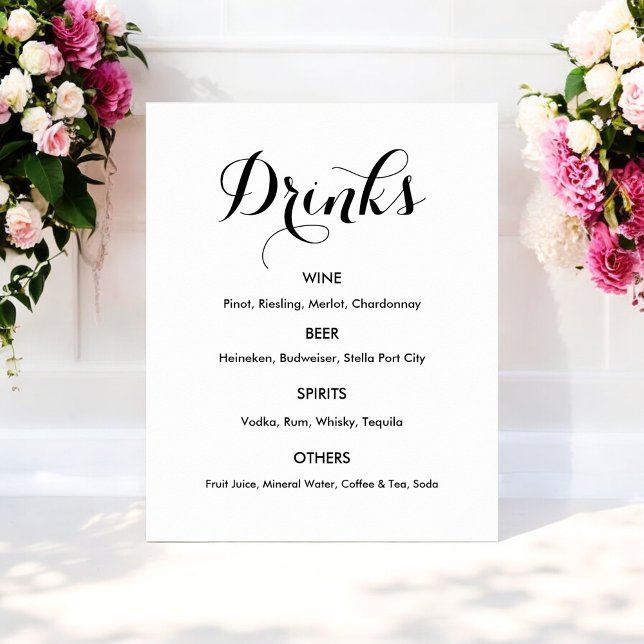 Poster Menu Bebidas Branca Preta Casamento (Criador carregado)