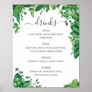Poster menu Bebidas de casamento com folhagem em água-col