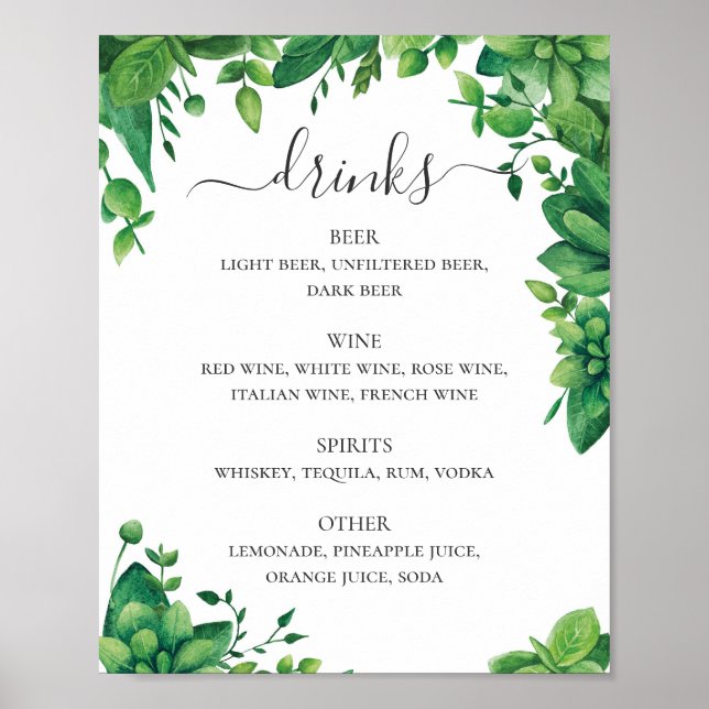 Poster menu Bebidas de casamento com folhagem em água-col (Frente)