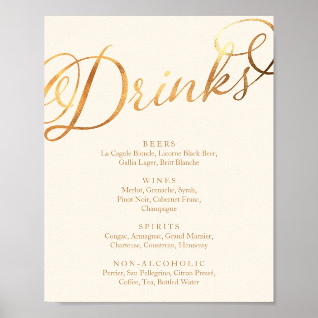 Poster Menu Bebidas Douradas por Caligrafia Romântica (Frente)