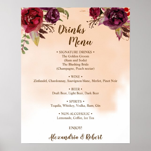 Poster Menu Bebidas Flores de Borgonha Sinal de Casamento (Frente)