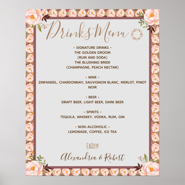 Poster Menu Bebidas Sinalizador de Casamento de Bridal, Q (Frente)