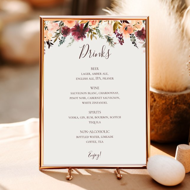 Poster Menu Burgundy Orange Floral Beige Wedding Drinks (Criador carregado)