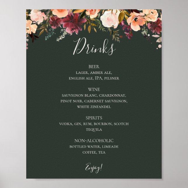 Poster Menu Burgundy Orange Floral Green Wedinks (Frente)