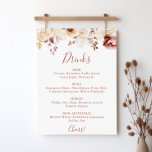 Poster Menu Caligrafia Graceful Floral<br><div class="desc">Este cartaz de cardápio de bebidas florais é perfeito para um casamento rústico. A design apresenta uma cor de água branca,  burlada,  rosas cor-de-rosa e folhas de queda.</div>