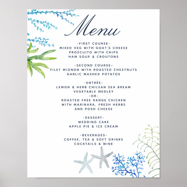 Poster Menu Casamento de Praia de Algas Aquáticas (Frente)