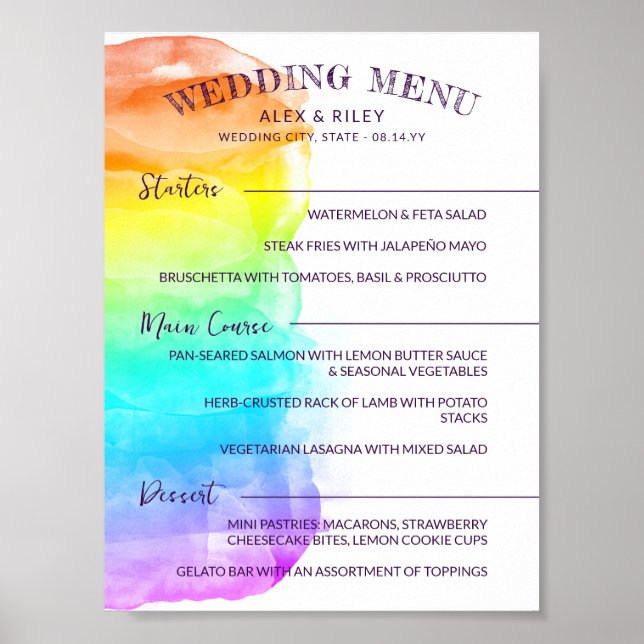 Poster Menu Casamento LGBTQ do Rainbow Watercolor Splash (Frente)