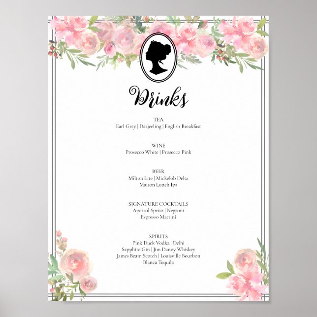 Poster Menu Cocktail, Chá de panela Floral Rosa, (Frente)