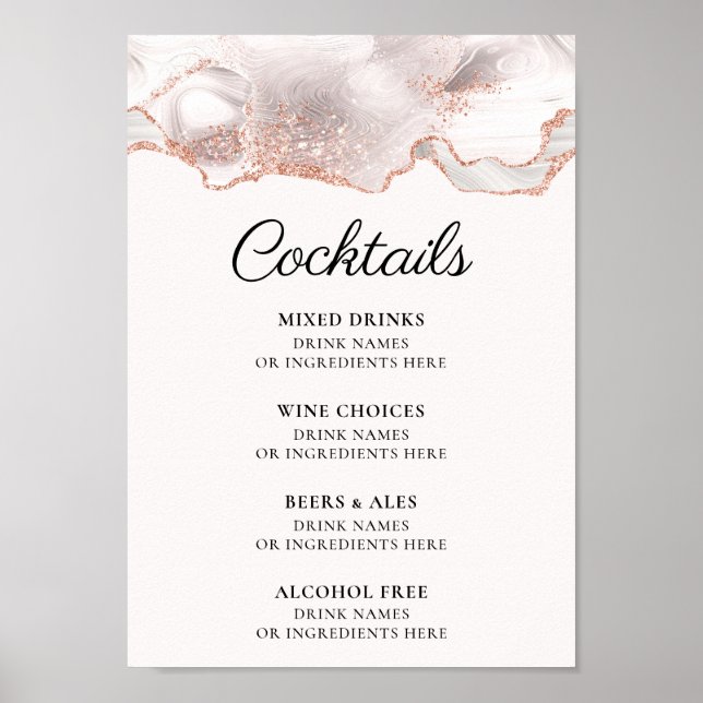 Poster Menu Cocktail de Agate Branco Dourado com Rosa bri (Frente)