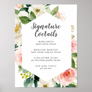 Poster Menu Cocktail de Assinatura Floral Cor-de-Rosa Esp