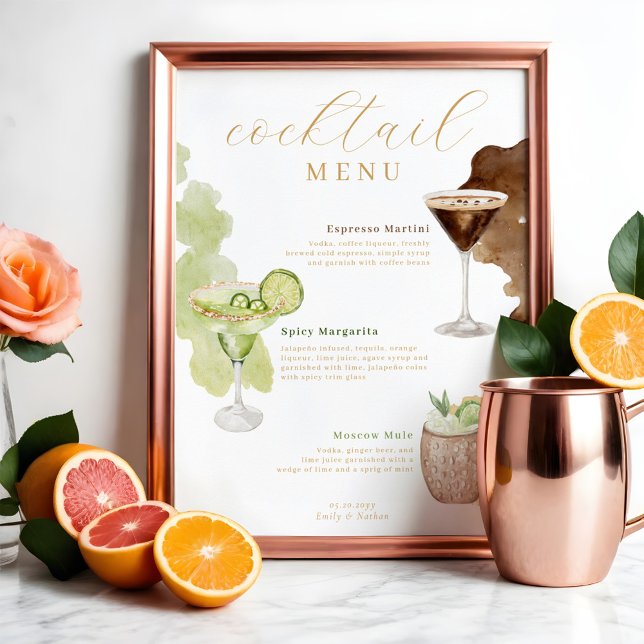 Poster Menu Cocktail Watercolor Bar Drink (Cocktail Menu Watercolor Wedding Bar Drink Menu Poster)