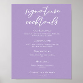 Poster Menu Cocktails de Assinatura de Casamento Roxo Lil