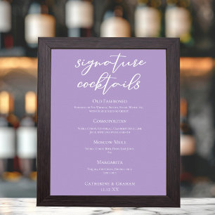 Poster Menu Cocktails de Assinatura de Casamento Roxo Lil
