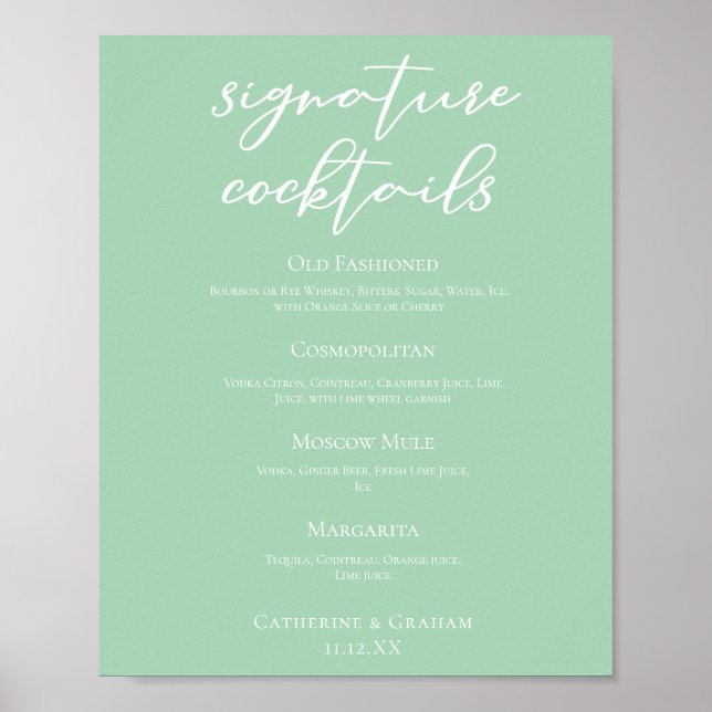 Poster Menu Cocktails de Assinatura de Casamento Verde da (Frente)