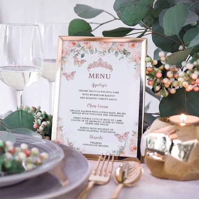 Poster Menu de Aniversário do Blush Floral Rosa Dourado Q (Criador carregado)