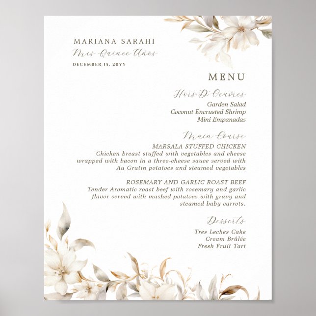 Poster Menu de Aniversário do Silver Dourado White Floral (Frente)