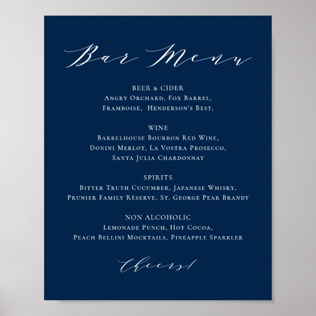 Poster Menu de Bar Azul de Casamento Marinho de Script Mi (Frente)