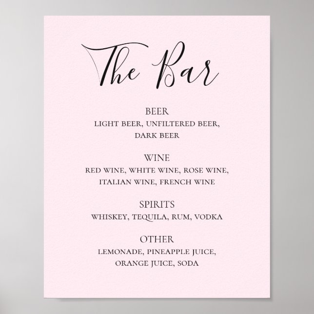 Poster Menu de bar de bebidas simples de script rosa-clar (Frente)