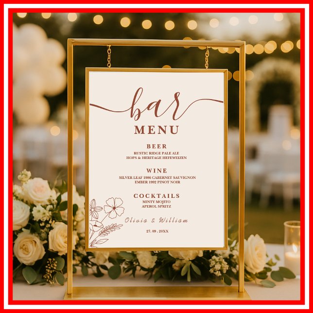 Poster Menu de Bar de Casamento Boho Laranja Queimada Flo (Criador carregado)