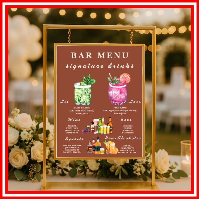 Poster Menu de Bar de Casamento Boho Laranja Queimada Ter (Criador carregado)