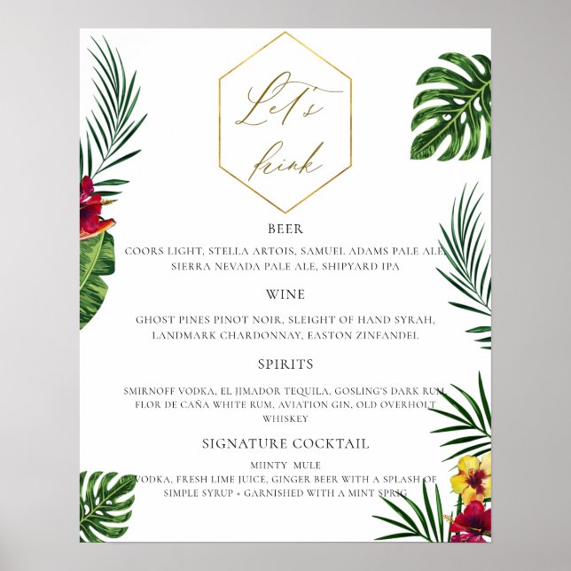 Poster Menu de Bar de Casamento Tropical (Frente)