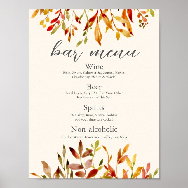 Poster Menu de Bar de Folhas Personalizadas de Casamento  (Frente)