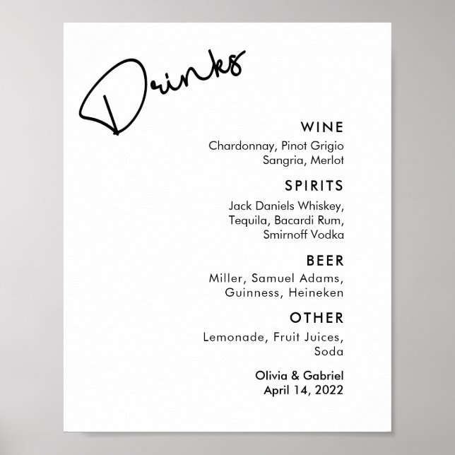 Poster Menu de bar formal simples de preto branco moderno (Frente)