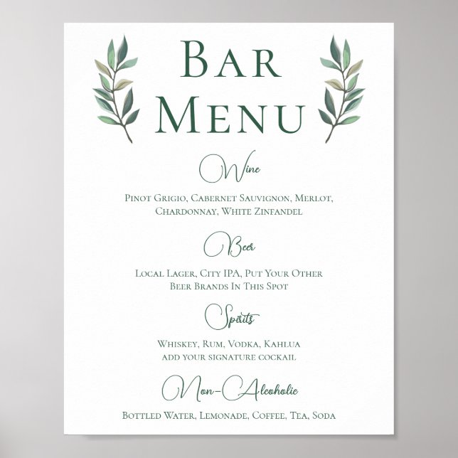Poster Menu de Bar Simples de Casamento Botânico Eucalypt (Frente)