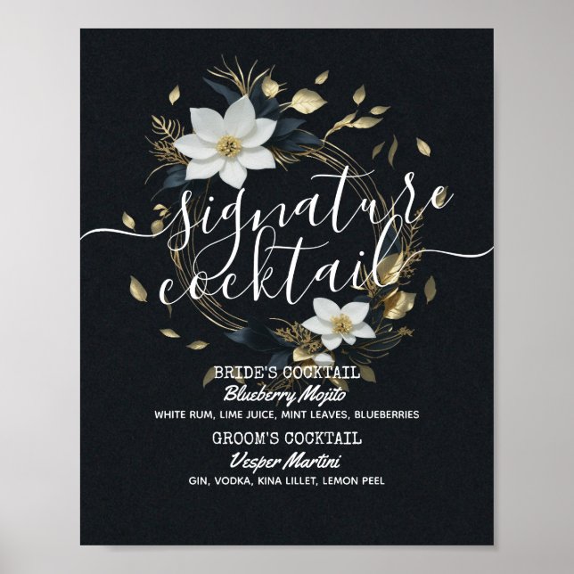Poster Menu de Bebida de Assinatura Floral Dourada (Frente)
